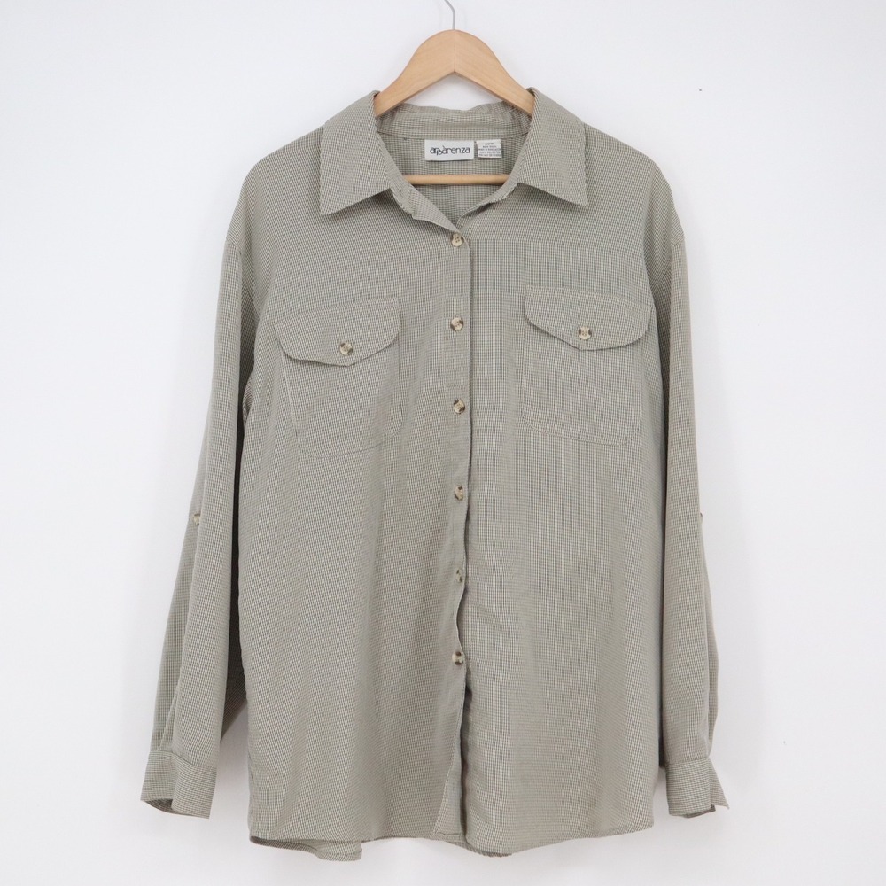 Apparenza Button-Down Womens 20W Micro-Check Sage Green Roll-Tab Sleeve Exc